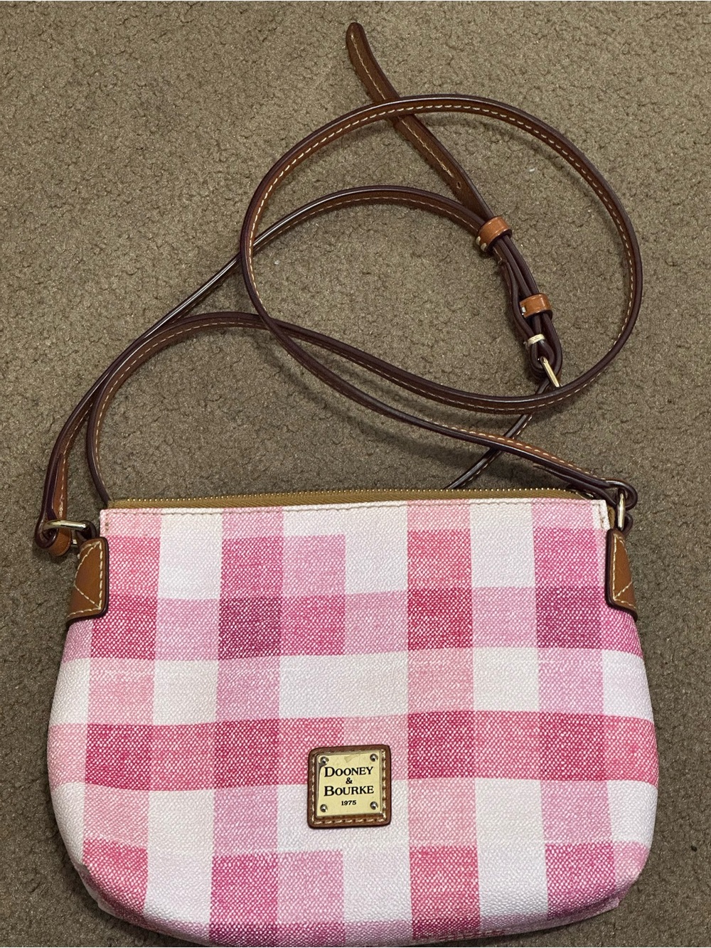 Dooney & Bourke Pink and White Gingham Crossbody with Brown Leather Strap